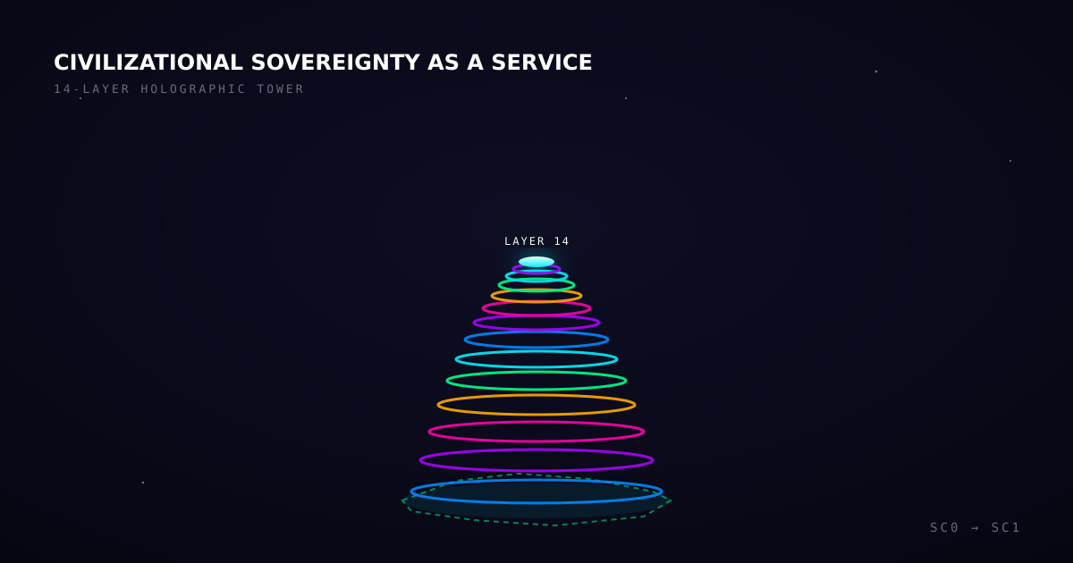 14-layer holographic tower rising from a nation map with glowing top layer