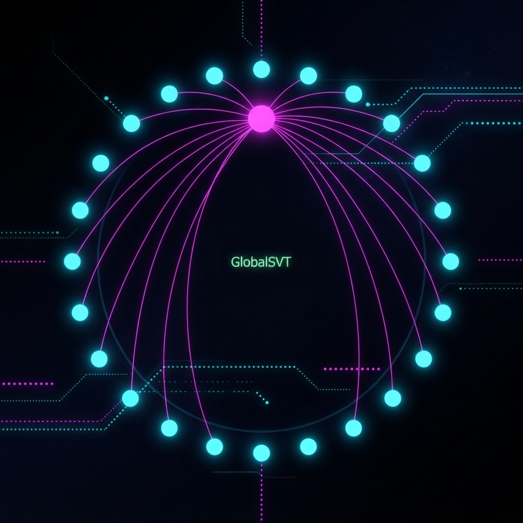 24 glowing nation dots connected by neon arcs, with China highlighted as the anchor